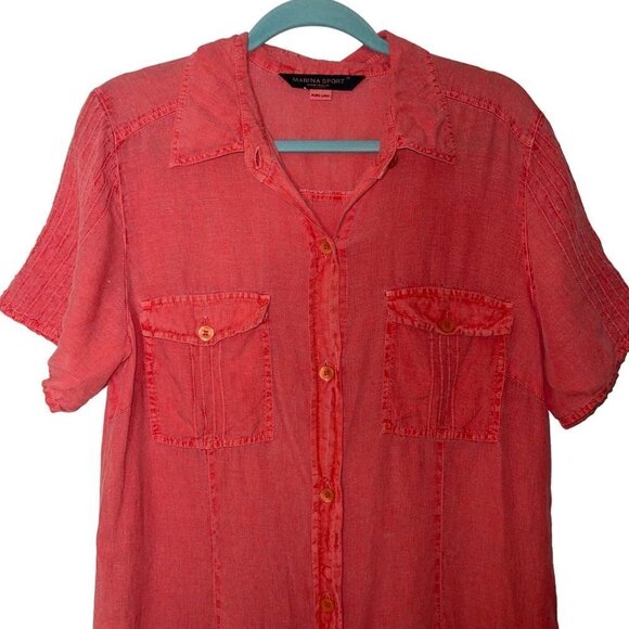Marina Rinaldi Maxi Shirt Dress Size 12 Coral Linen Washed Button Front Pockets - Picture 5 of 15